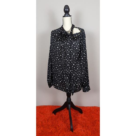 Merona Black & White Polka Dot Button Tie Neck Long Sleeve Satin Blouse Top XXL - Picture 5 of 8